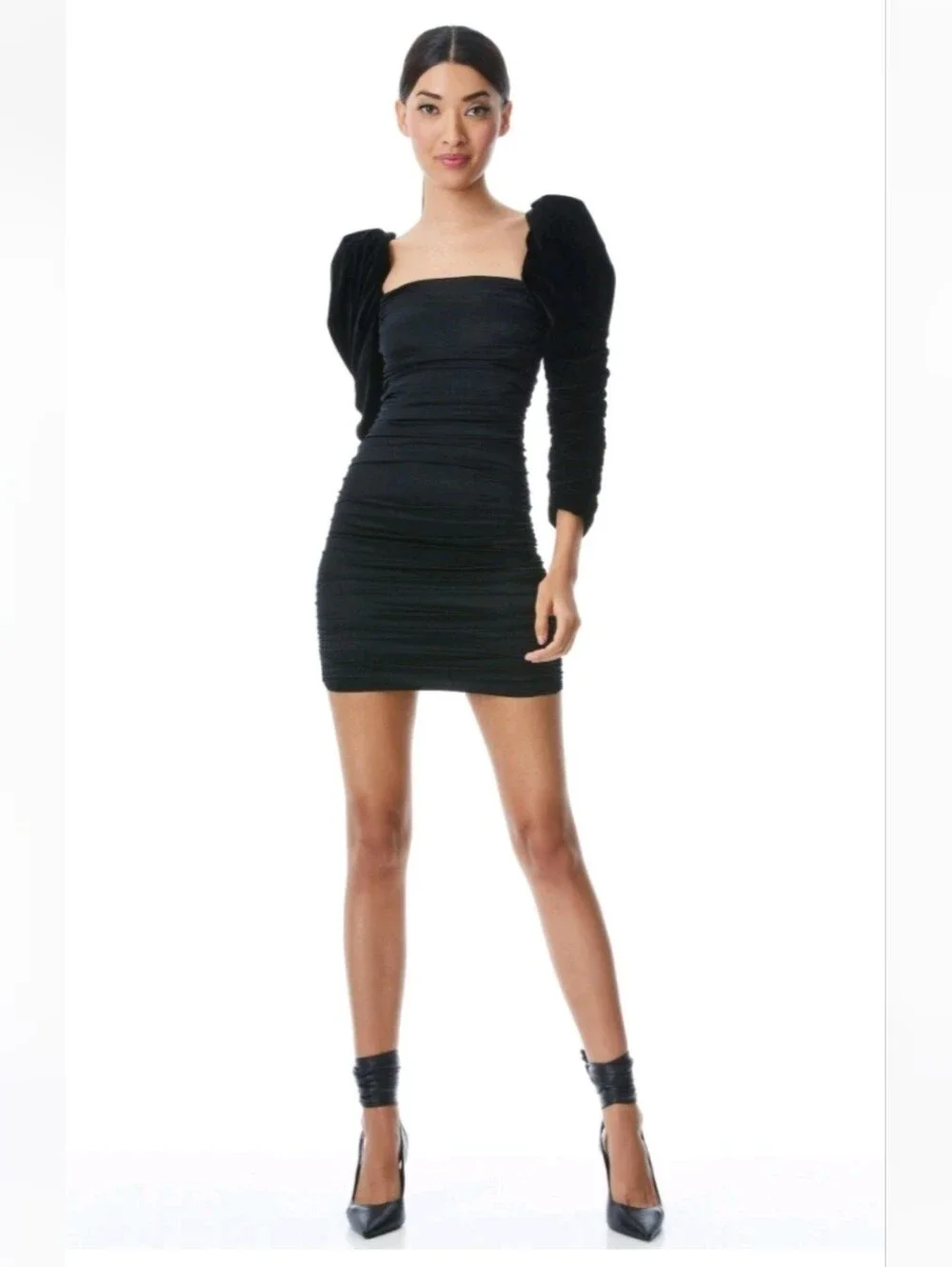ALICE + OLIVIA KATRICE VELVET PUFF SLEEVE MINI DRESS